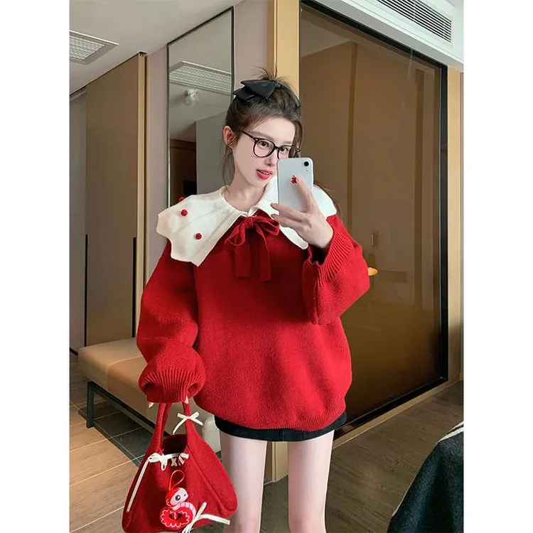 红色新年娃娃领毛衣女冬季加厚甜美减龄软糯慵懒蝴紫色开衫针织衫