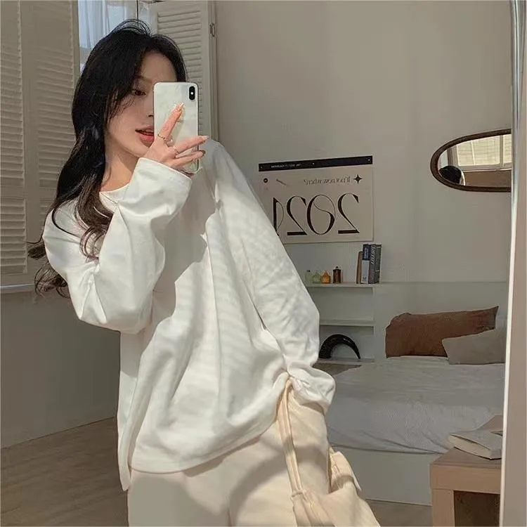 MosesQueen魔西女王高品质长袖T恤女精梳棉慵懒宽松百搭圆领上衣