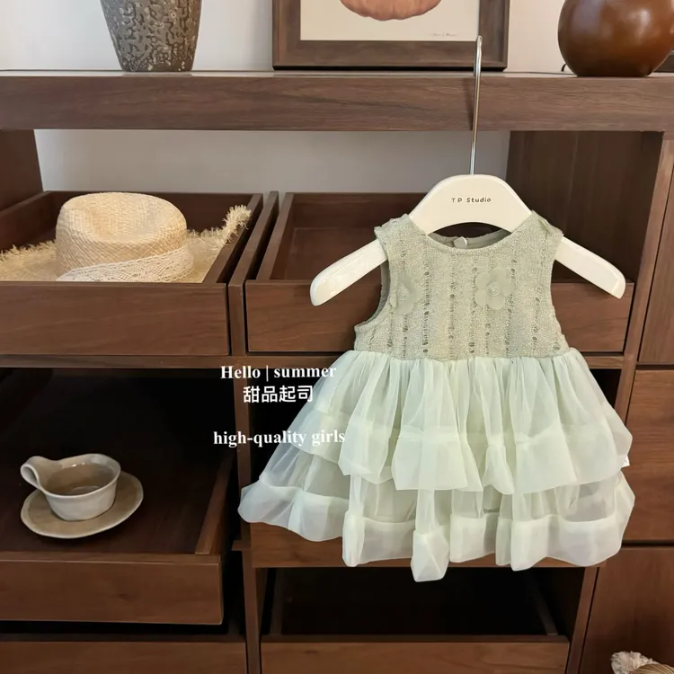 【甜品起司】女宝宝洋气甜美公主风绿色蓬蓬裙立体花朵纱裙礼服裙 