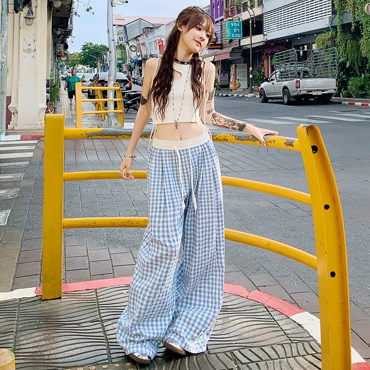 夏日慵懒风蓝色格子裤女2025新款高腰宽松显瘦松紧腰垂感休闲裤子