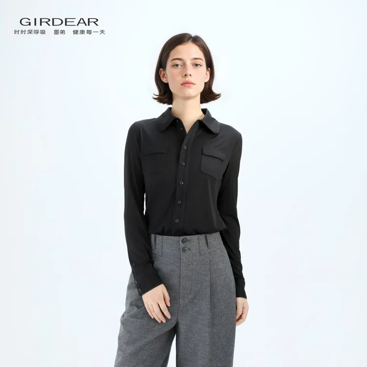 GIRDEAR/哥弟经典质感百搭气质优雅显瘦单排扣纱质长袖衬衣130116