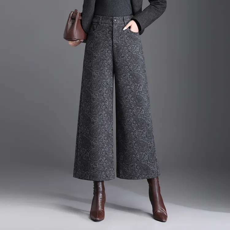 2025秋冬新款羊毛呢九分阔腿裤女高腰宽松垂感印花休闲大脚裤子厚