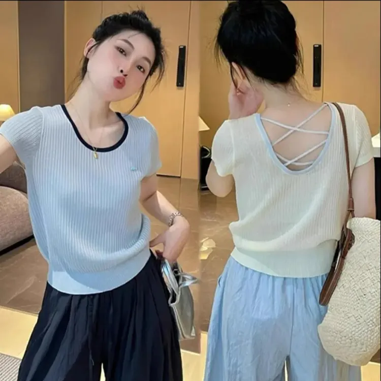 浅蓝色u领冰丝针织短袖t恤女夏季撞色后背镂空正肩宽松显瘦小上衣