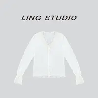 LING/STUDIO『维多利亚』法式蕾丝拼接V领喇叭袖针织开衫5091592
