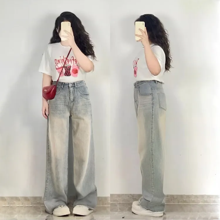 特大码女装胖mm美式复古水洗做旧牛仔裤女休闲设计感宽松阔腿裤子