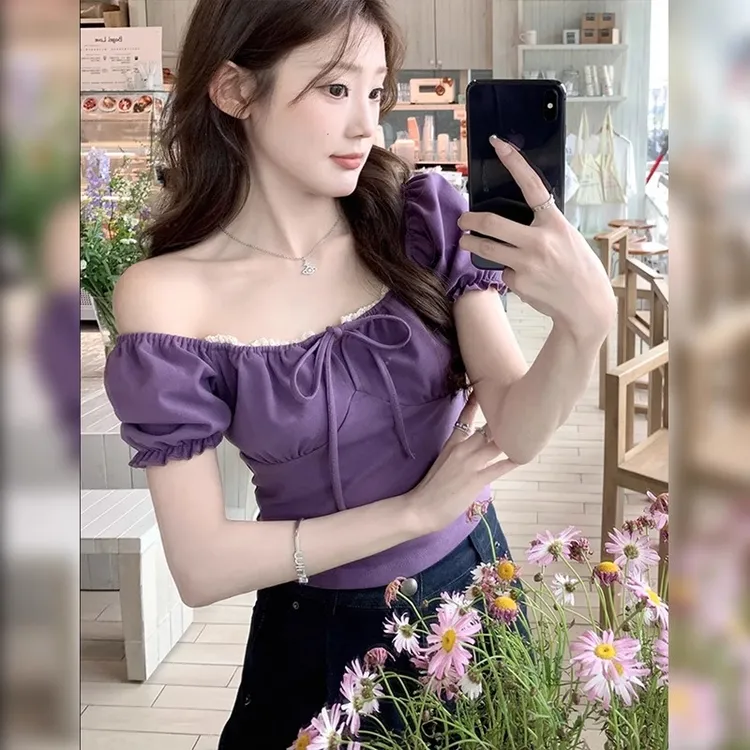 小个子紫色方领花苞袖衬衫女夏季收腰气质短款绑带蝴蝶结露肩上衣