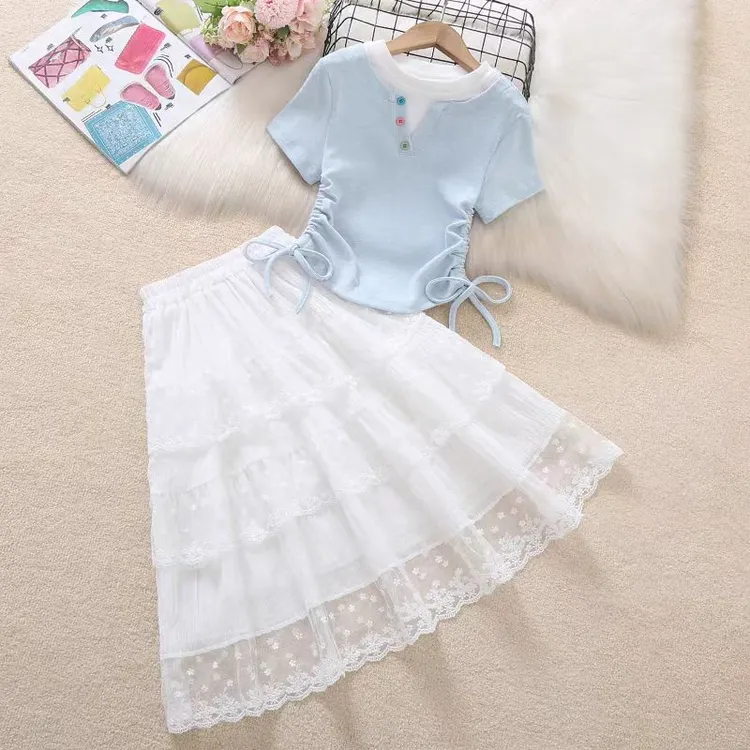 女童短袖套装夏季T恤蕾丝蛋糕半身裙两件套2025新款洋气女孩夏装