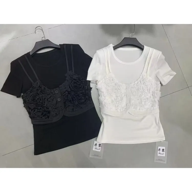 『YLD』新款夏季时髦亲肤百搭假两件花瓣正肩T恤2580