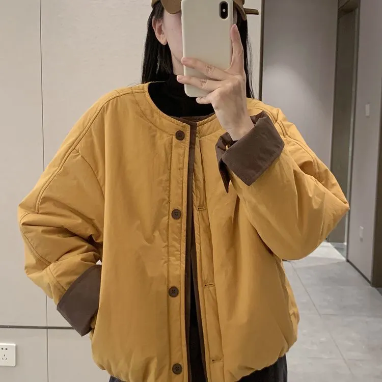 秋冬新款圆领短款拼色棉服女小个子时尚百搭休闲保暖