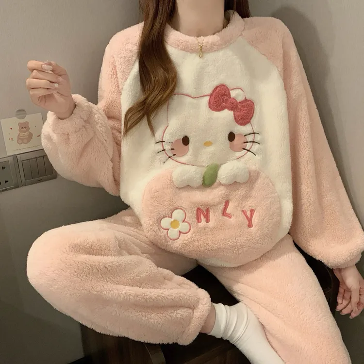 秋冬天加厚保暖学生少女睡衣女法兰绒毛茸茸甜美可爱卡通家居套装