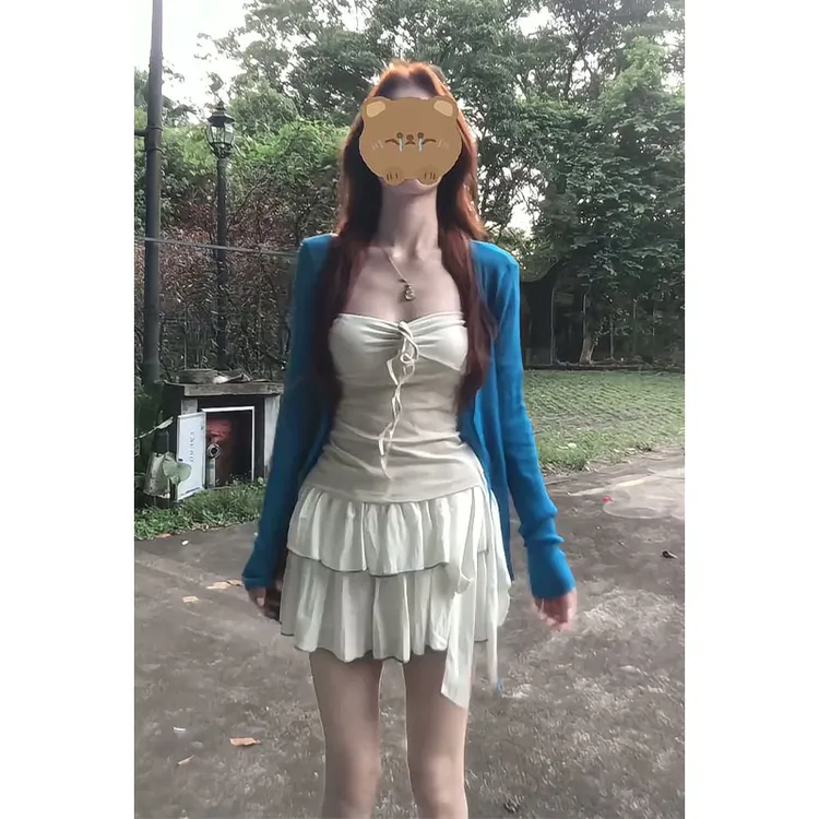 2025早秋新款女韩系穿搭长袖毛衣开衫修身抹胸上衣高腰蛋糕半身裙