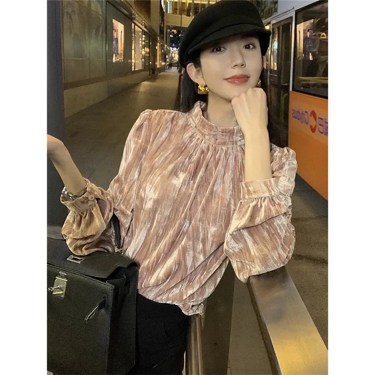 【383】法式气质丝绒打底衫长袖衬衫女新款早秋高级感小香风上衣