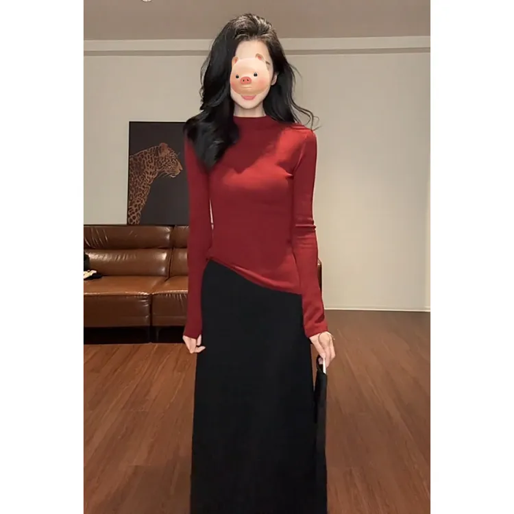 红色半高领长袖针织打底衫女秋冬季修身内搭毛衣巨好看的早秋上衣