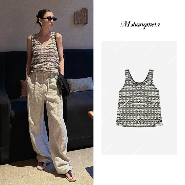 M.SHANGMEI.Z/沐熙【巴黎假日】美大哥随性黑白条纹通勤背心X042393