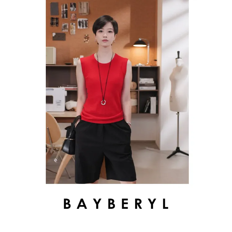 BAYBERYL老贝层次背心*红细腻修身圆领无袖针织衫9ZZS5G0424