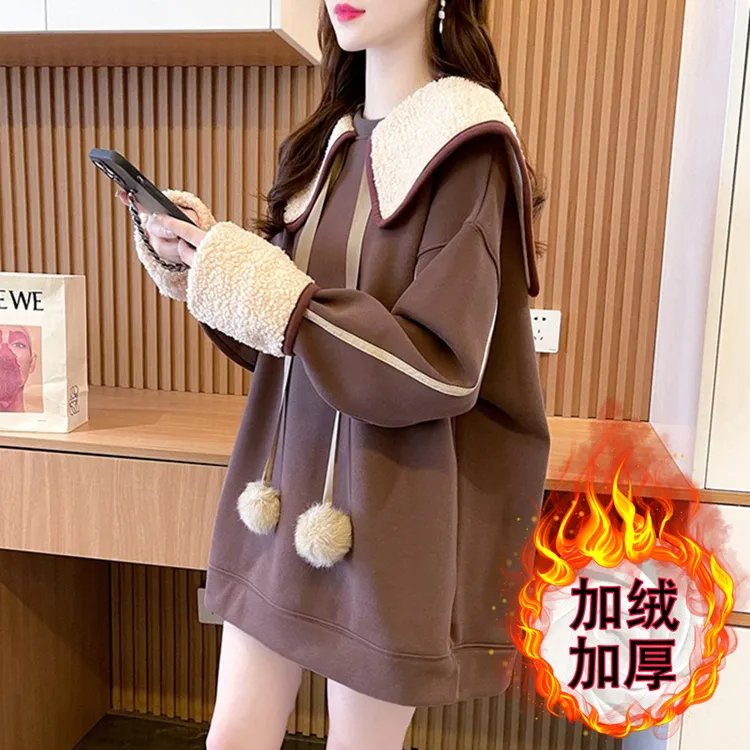 遮屁股中长新爆款上衣大童初高中学生加绒女孩卫衣秋冬设计感小众