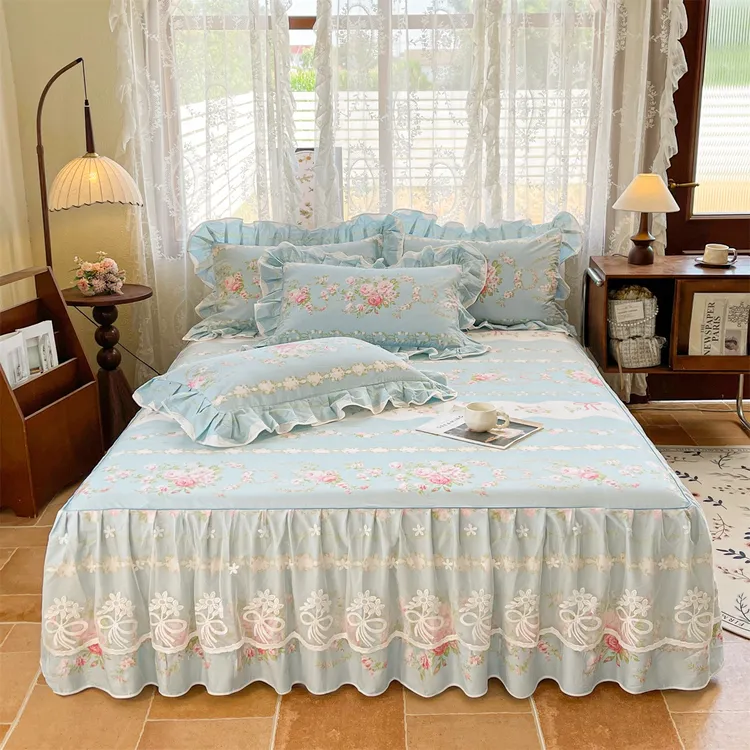小清新蕾丝全棉床裙四季单件双层花边床罩加厚防滑印花床单被单