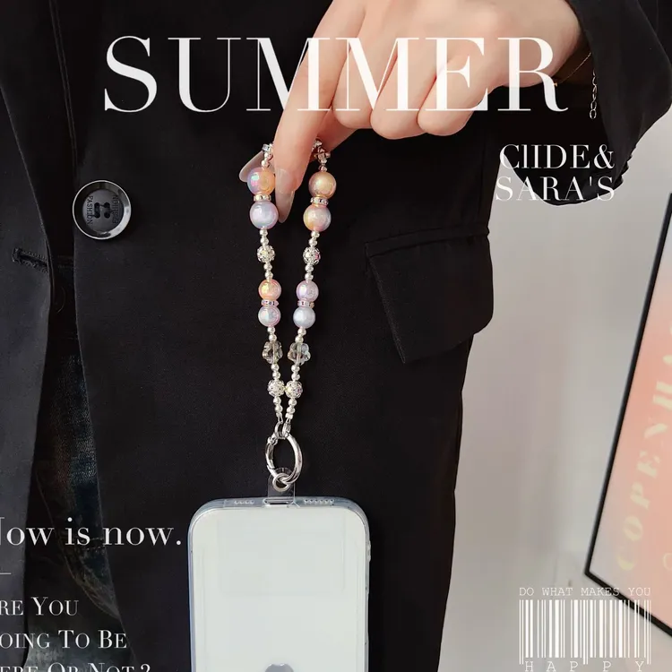 新款手机链挂件钥匙扣珍珠挂链渐变色多彩包包百搭挂饰壳便携挂绳