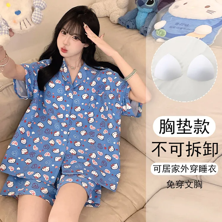 大码女大学生睡衣夏季战袍2025年新款可外穿短袖带胸垫家居服套装