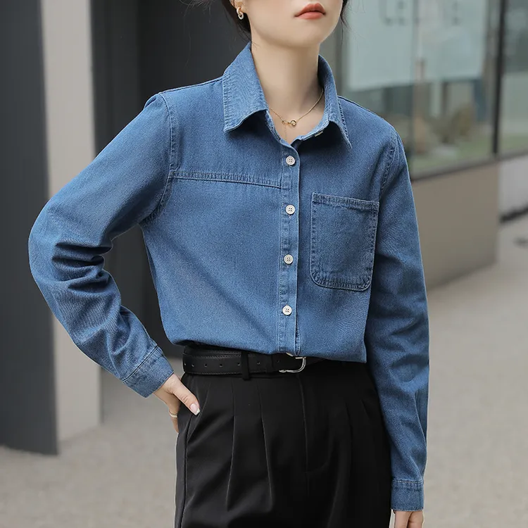 9268今年流行牛仔衬衫女春秋款设计小众显瘦复古叠穿法式长袖衬衣