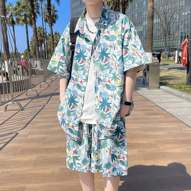 夏季海边短袖衬衫套装男潮流夏威夷花色沙滩休闲衬衣短裤两件套