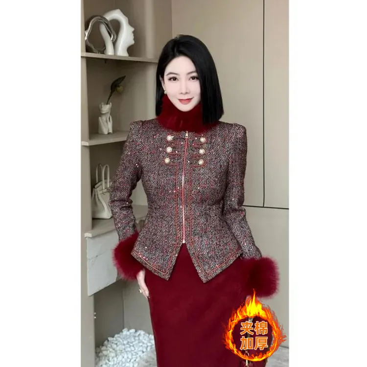 格娜新款冬季氛围感一整套红色洋气小香风毛毛领套装