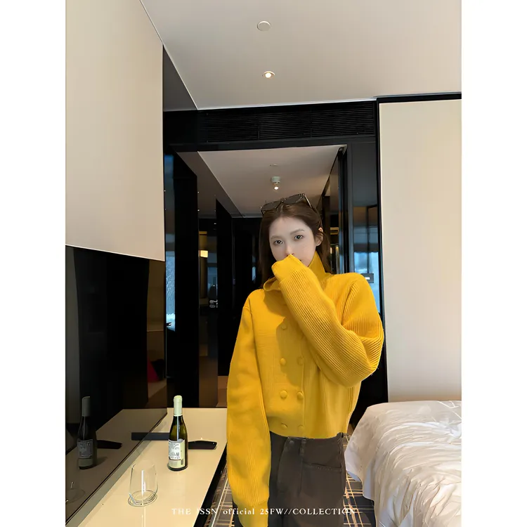 THEISSN宁司 高领双排扣开衫针织衫女秋季宽松毛衣外套 01354