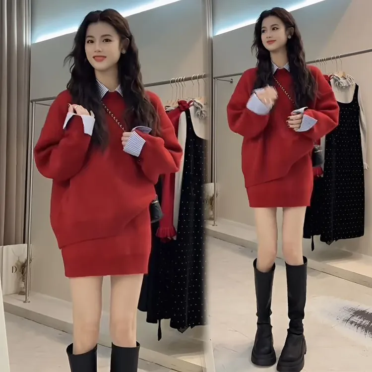 时尚针织套装裙女2025春季新款洋气慵懒风翻领毛衣半身裙两件套裙