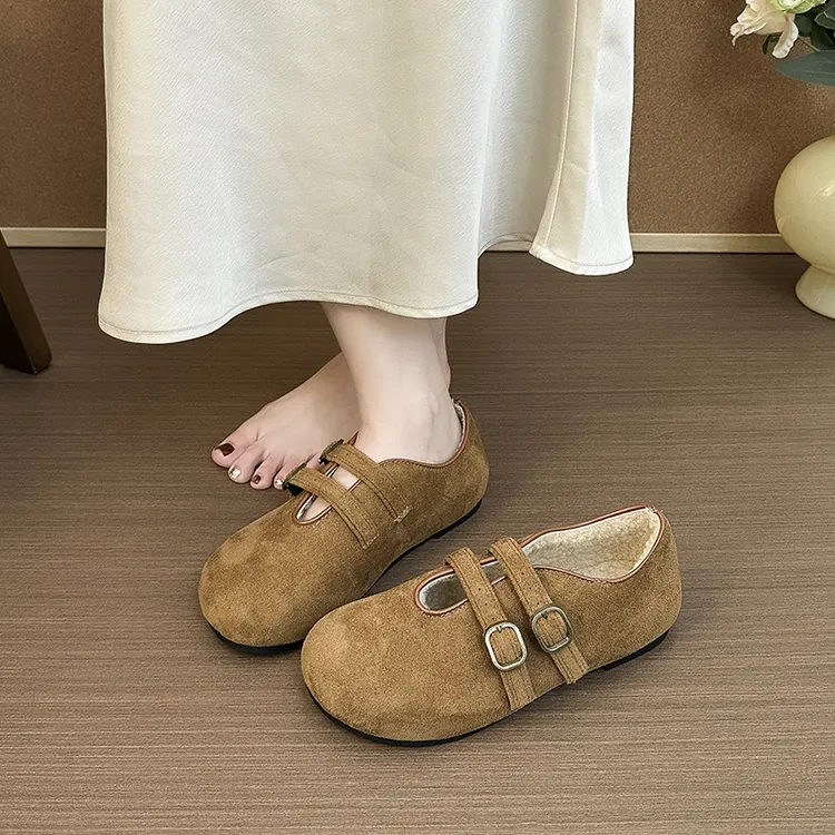 复古搭扣加绒平底豆豆鞋皮带扣棕色乐福鞋毛毛鞋外穿百搭通勤棉鞋