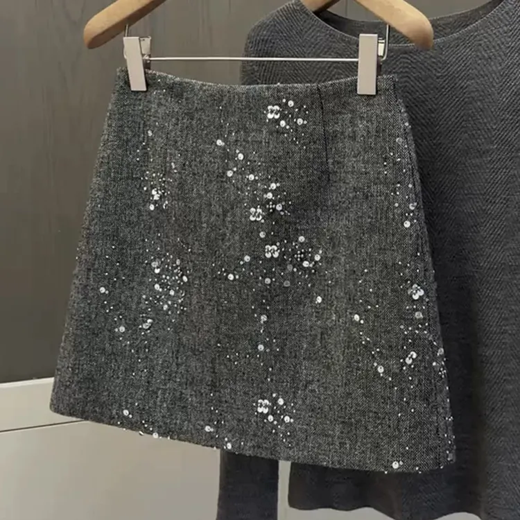 亮片烫钻设计短裙女2025秋冬流行新款时髦洋气高腰显瘦灰色半身裙