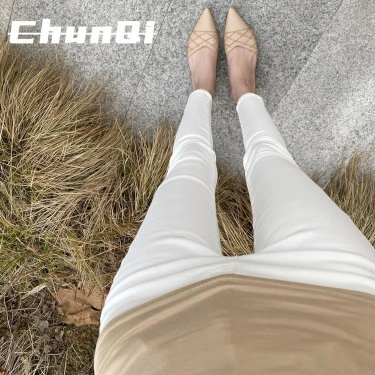 淳启白色牛仔裤女高腰夏季长裤紧身弹力新款九分小脚铅笔裤子潮流