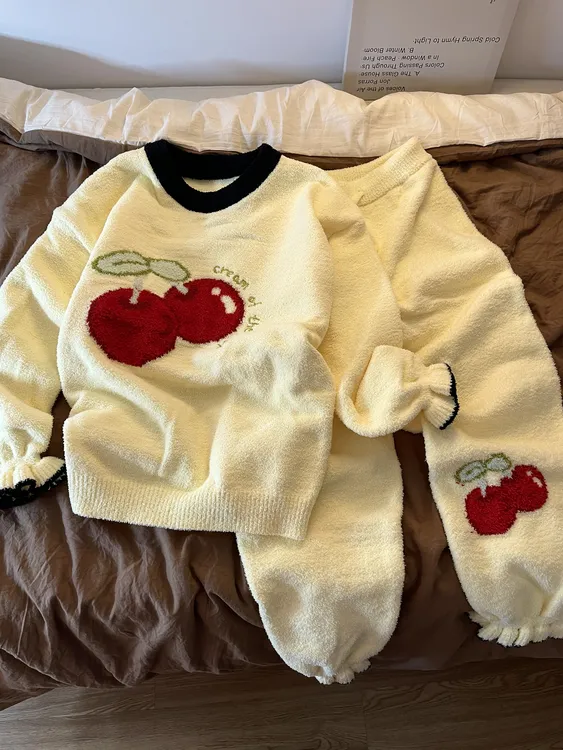 可爱少女撞色樱桃印花毛衣可外穿睡衣女冬季针织保暖家居服两件套