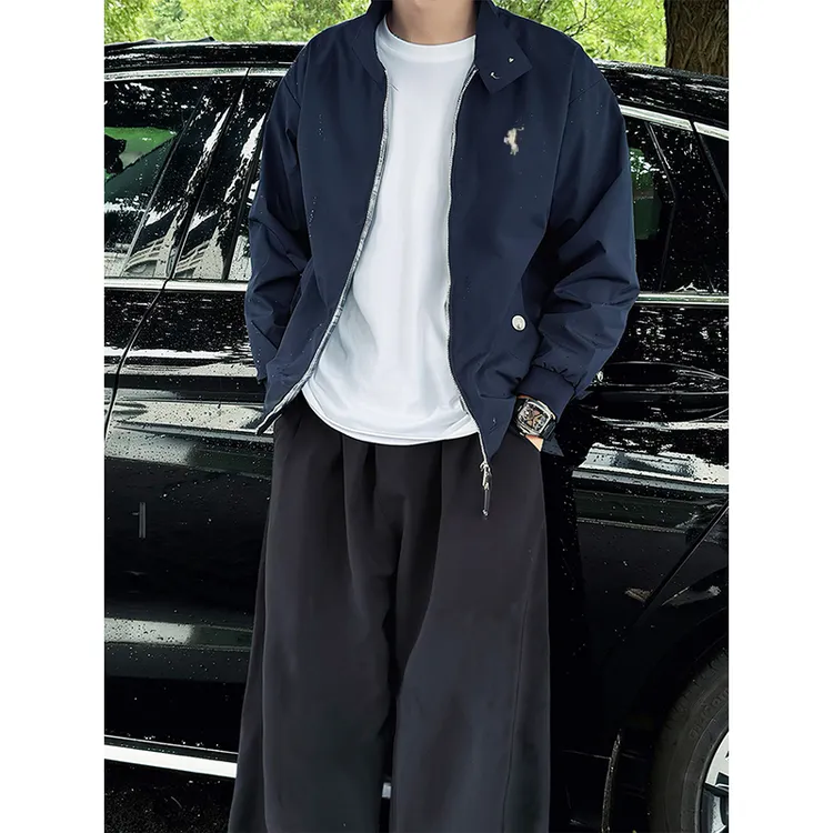 藏青色小马外套男秋季美式哈灵顿夹克短款正肩立领cleanfit棒球服