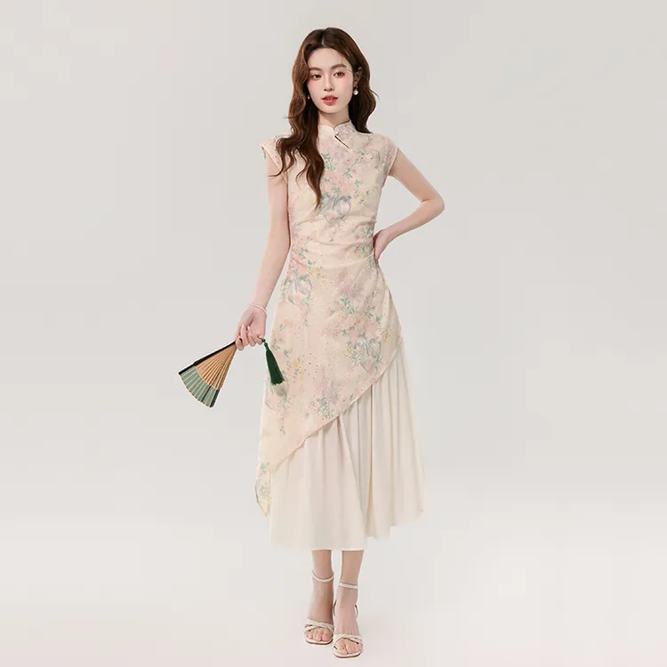 新中式国风改良旗袍连衣裙女夏高级感气质收腰显瘦假两件印花长裙