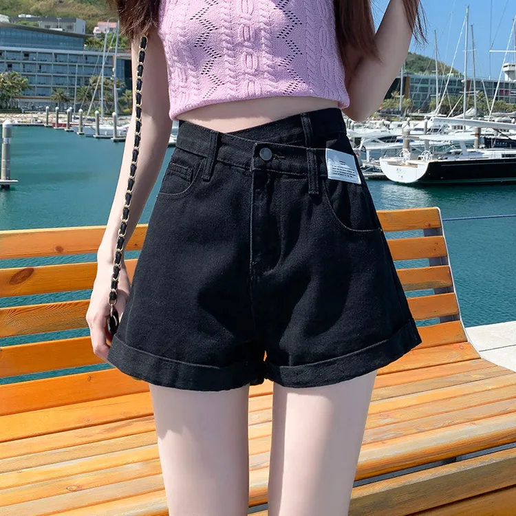 小众休闲牛仔短裤女春夏百搭小个子高腰显瘦字阔腿热裤