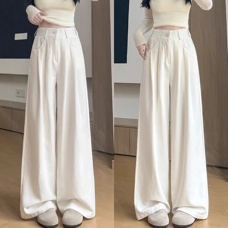 白色奶芙西装裤女夏季薄小个子高腰宽松显瘦高级感阔腿裤2025新款