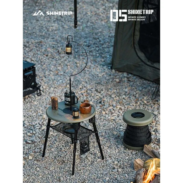 山趣户外折叠小圆桌便携自驾可升降露营桌子野餐带灯架茶几桌凳子