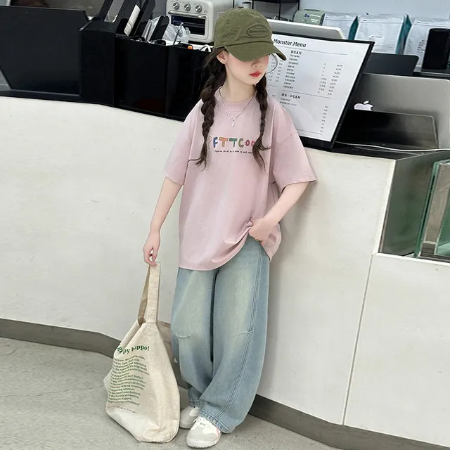 儿童装女童夏季薄款短袖套装2025新款中大童女孩夏款牛仔裤两件套