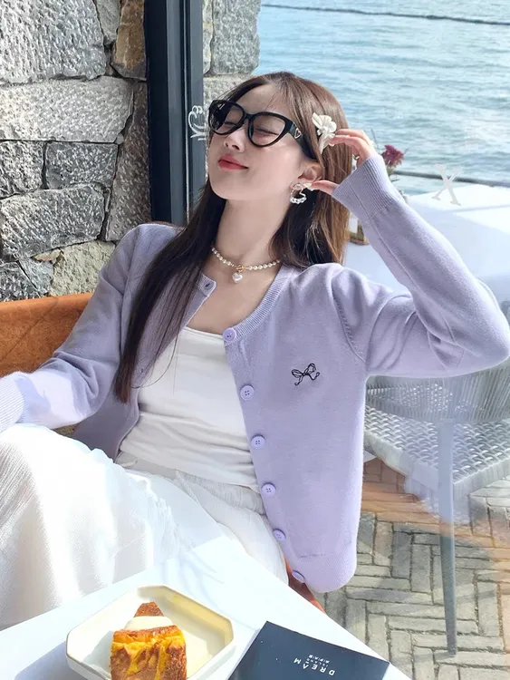 早秋小个子长袖蝴蝶结小香风毛针织衫ins上衣开衫毛衣开衫外套女