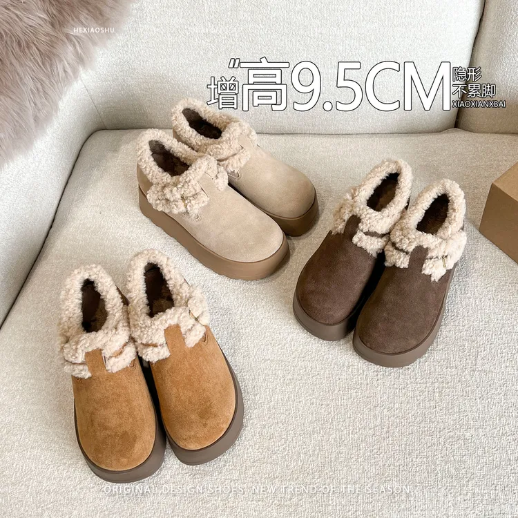 复古皮带扣厚底内增高加绒勃肯鞋女冬季新款毛毛鞋保暖棉鞋雪地靴
