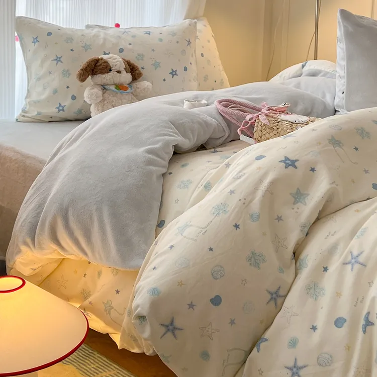 卡通A面全棉B面牛奶绒四件套冬季纯棉被套双面加绒珊瑚绒床单床品