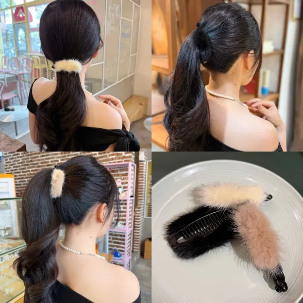 百搭毛绒绒香蕉夹气质抓夹秋冬森系女毛茸茸发夹后脑勺马尾夹竖夹
