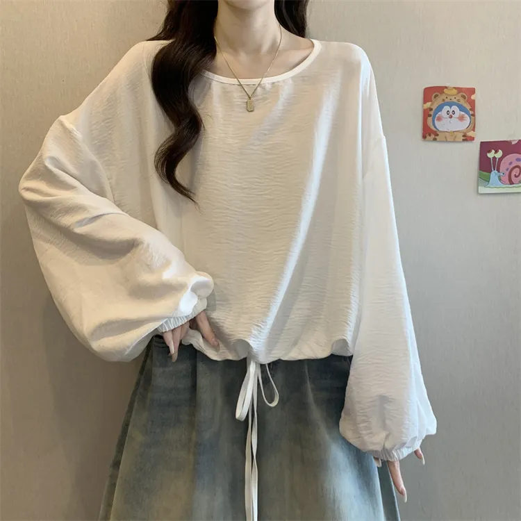 大码设计感气质抽绳长袖防晒上衣女胖mm宽松遮肚子百搭显瘦打底衫