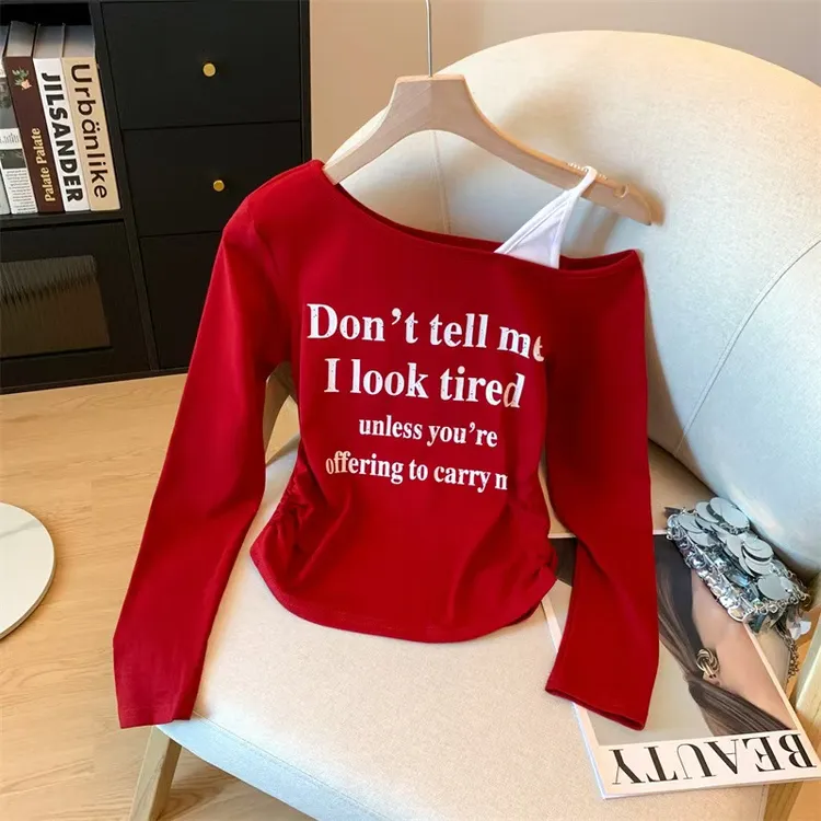 2025初秋新款字母印花假两件长袖T恤女收腰显瘦洋气露肩撞色上衣