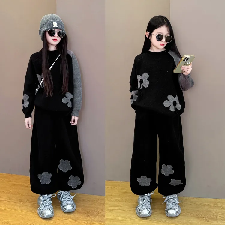 女童2025新款花朵韩版宽松休闲保暖毛衣加绒休闲阔腿裤套装新品潮