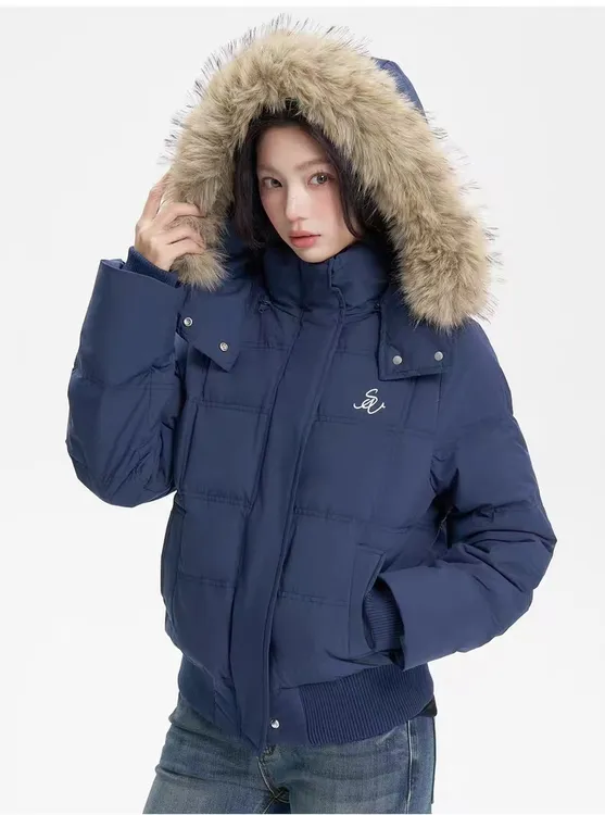 iNSLiiSA  藏青色连帽毛领秋冬新款白鸭绒羽绒服女修身韩系外套女