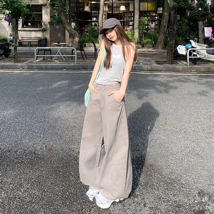 ZZR美式复古高腰宽松阔腿牛仔裤女夏季灰色薄款透气百搭镰刀裤