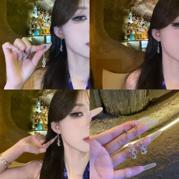 铜合金耳饰 透明豆豆水滴串珠耳钉女夏天耳饰小众通勤轻奢耳饰品
