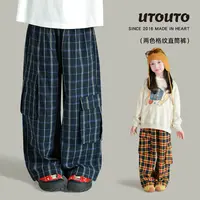 utouto大耳象女童格纹直筒裤2025秋季新款宝儿工装长裤子2503554