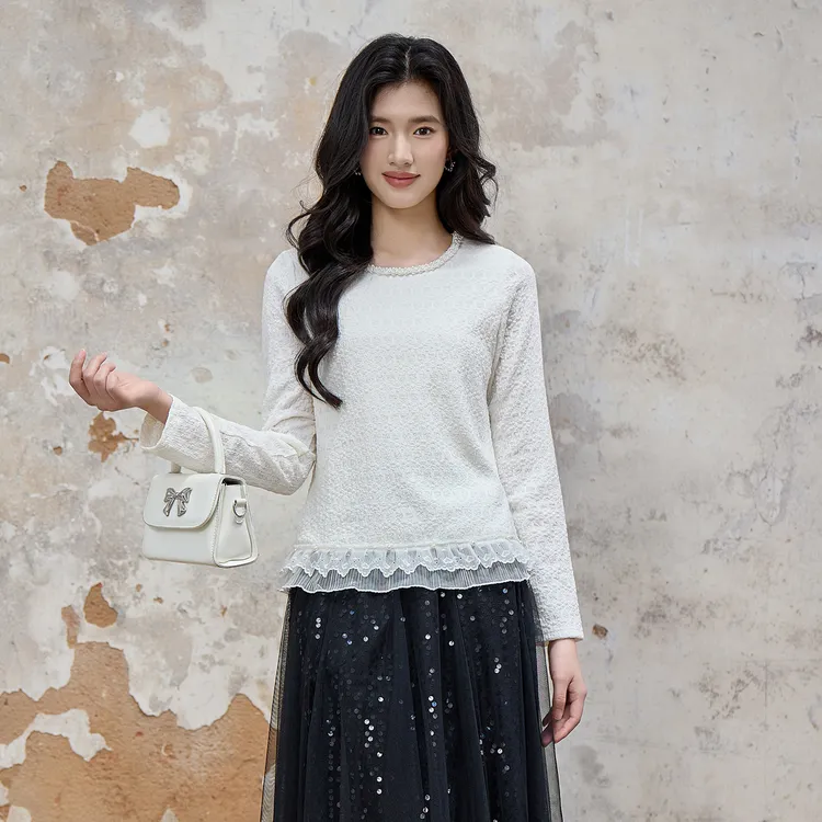 奢姿大码女装2025秋季减龄钉珠圆领衬衫胖妹妹蕾丝花边拼接上衣